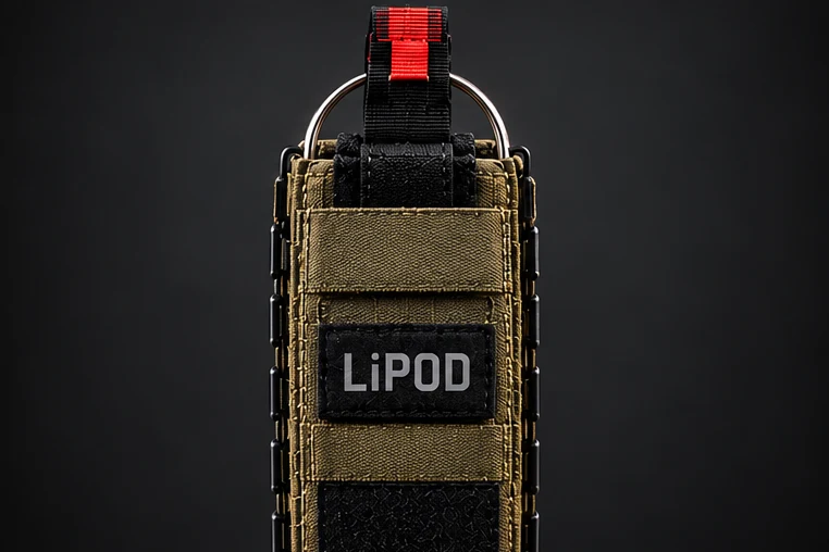 Closed LiPOD sleeve with the red-tipped RIPCORD tab accessible