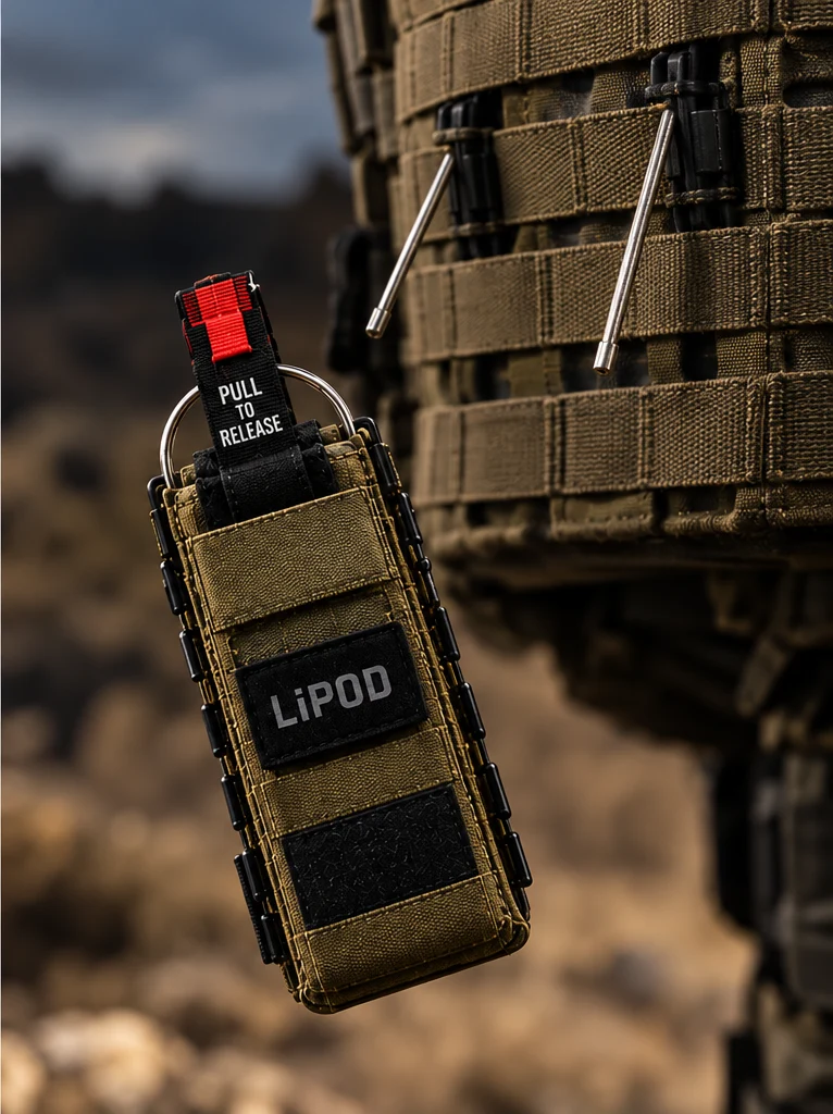 Complete LiPOD sleeve separating below a MOLLE panel in the illustrated release concept